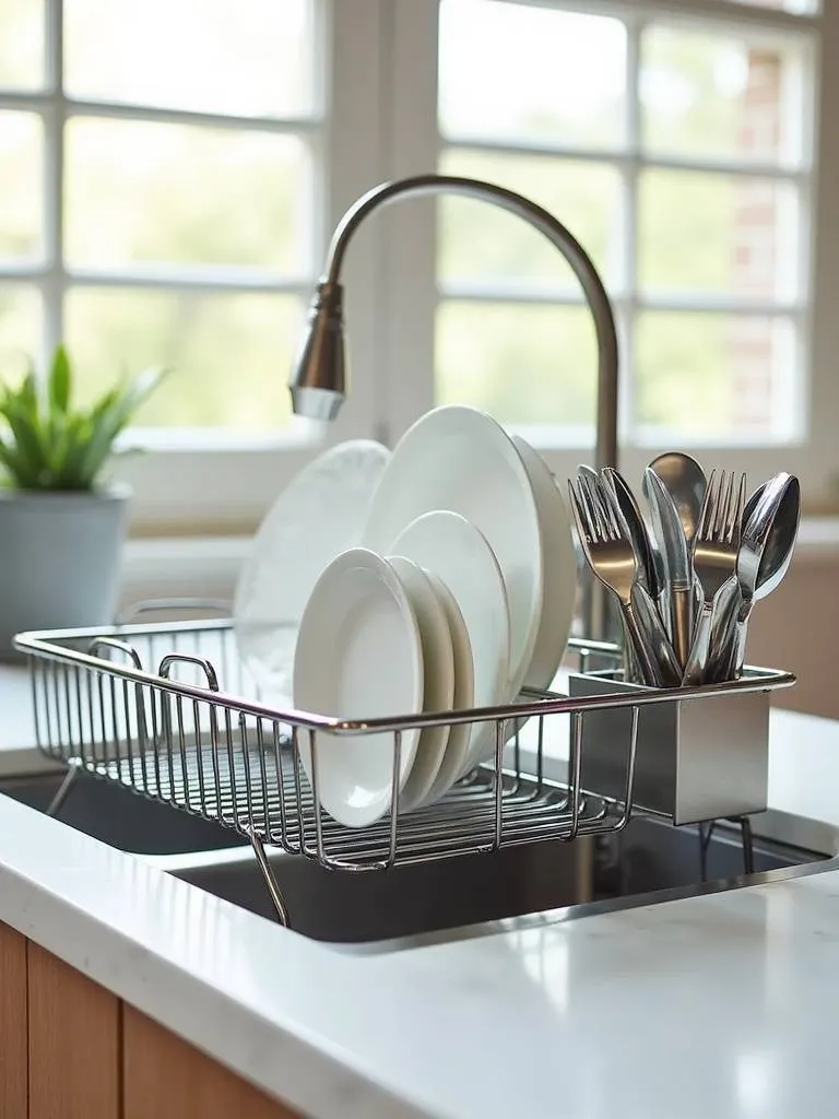 Image of a stainless steel dish drying rack holding dishes and utensils, placed on a countertop near a sink