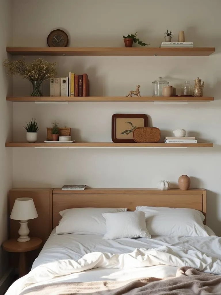 A curated shelf filled with personal keepsakes, bringing character and special meaning to a bedroom decor.