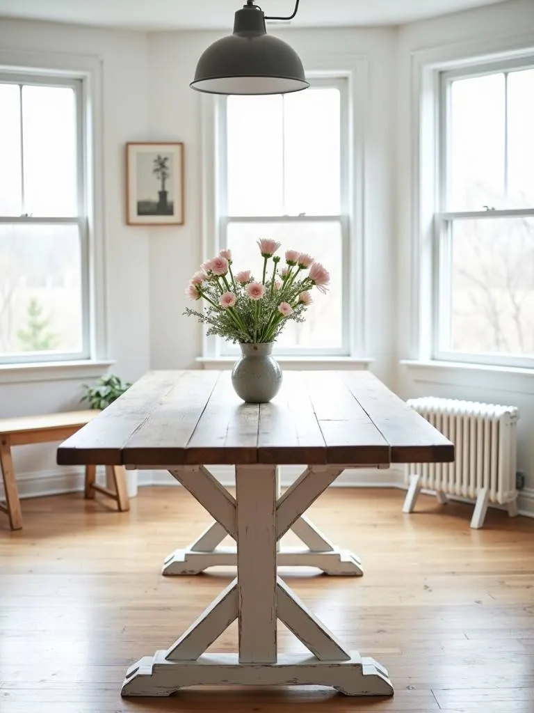 A distressed white pedestal farmhouse table set in a modern dining space with natural light