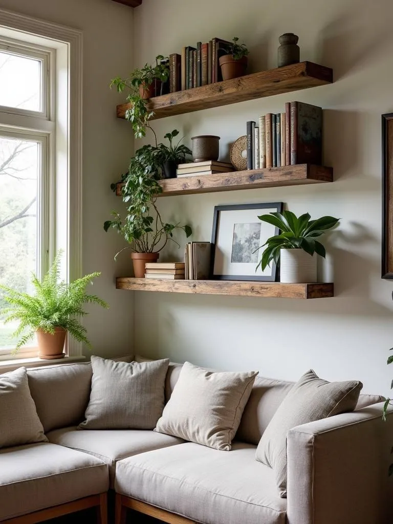 Distressed wood shelves in a rustic living room.