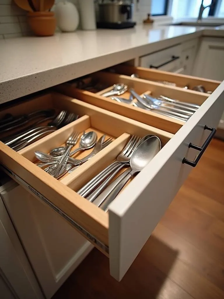 Image of a kitchen drawer equipped with organizers and dividers filled with utensils and cutlery