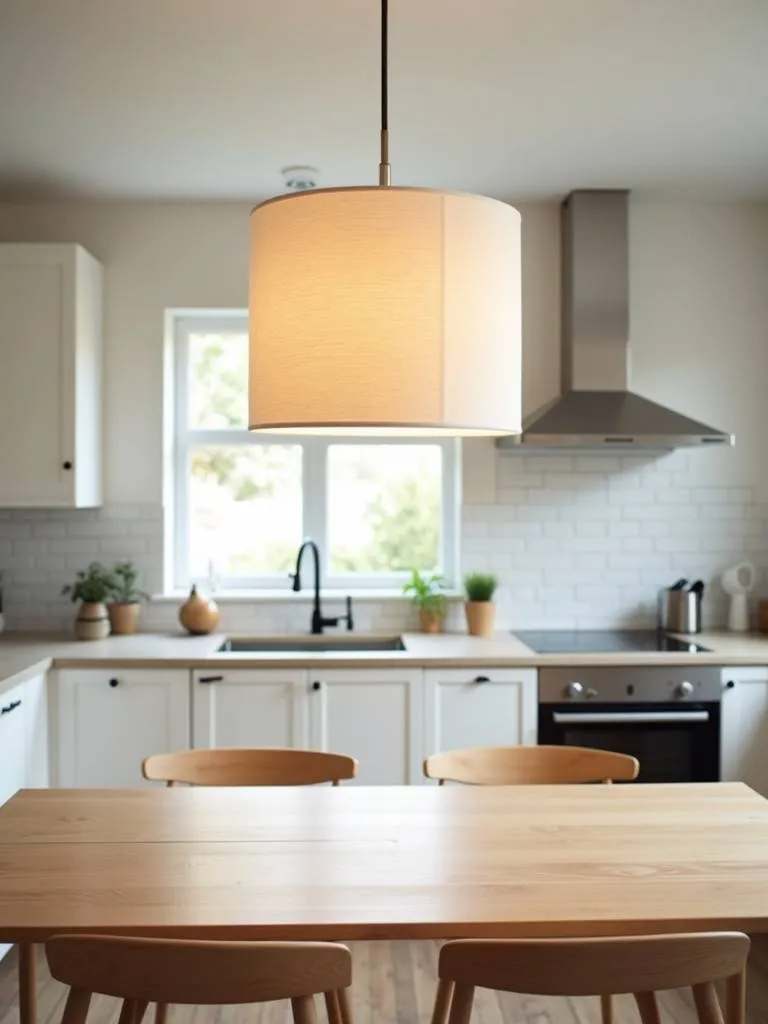 A modern kitchen with a drum shade pendant above the table, creating soft lighting.