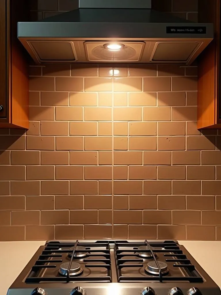 A kitchen backsplash made of earthy brown tiles.