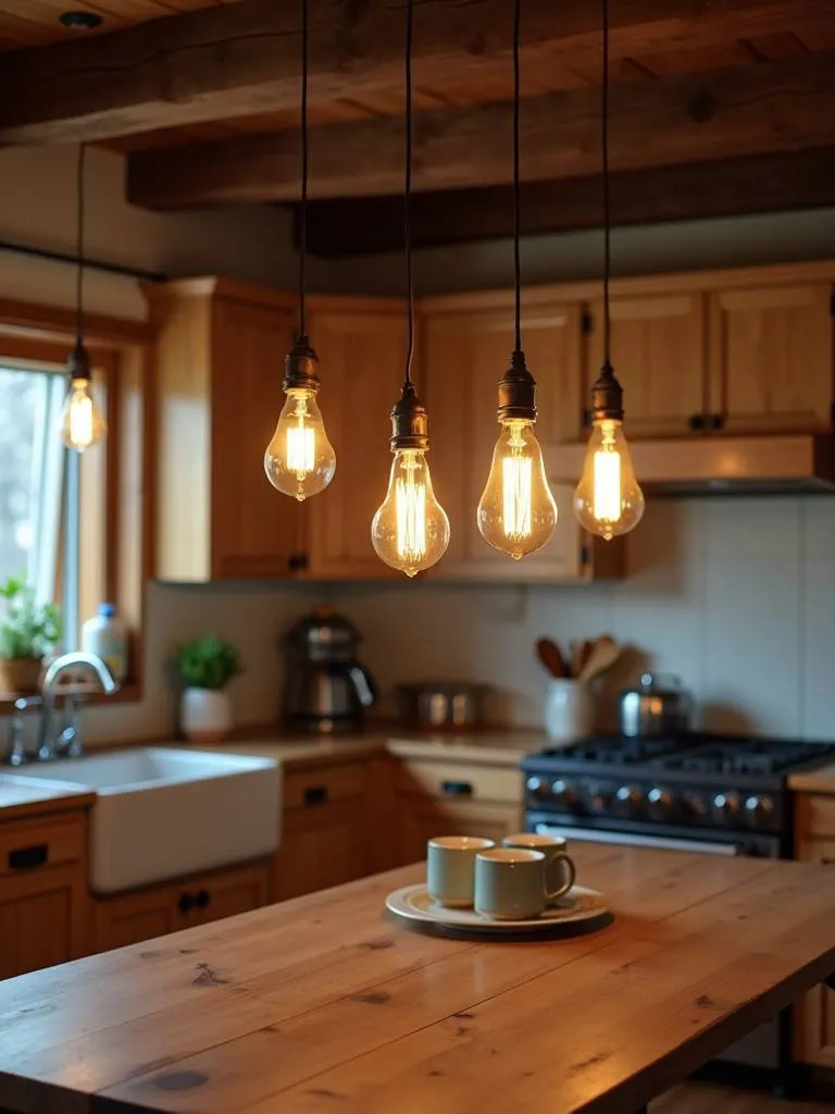 A rustic kitchen with multiple Edison bulb pendant lights above a wooden table.