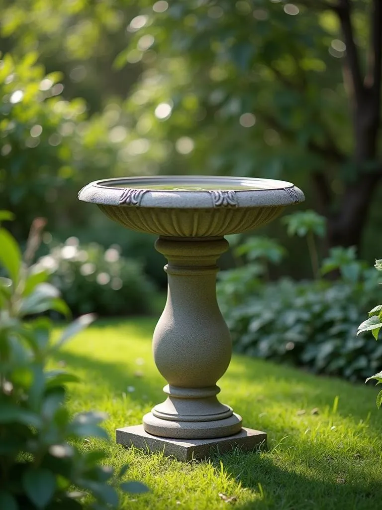 An elegant birdbath in the middle of a lush green garden.