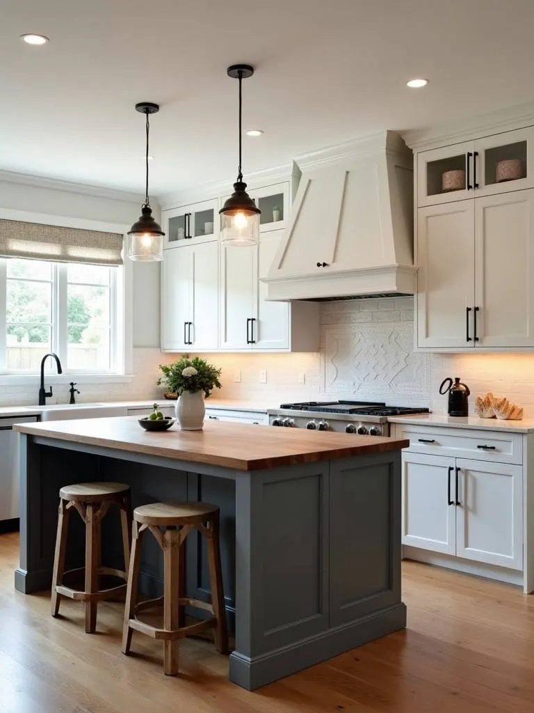 A traditional white kitchen featuring a sophisticated charcoal gray island with a <a href=