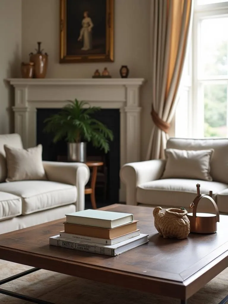 An elegant coffee table in a living room, adorned with books and decorative objects.