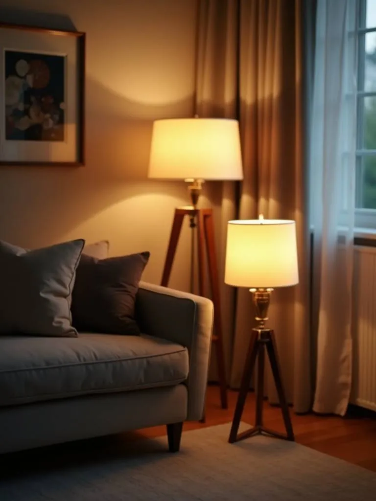 A living room illuminated by elegant floor lamps.