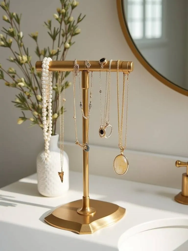 A bathroom vanity with an elegant gold jewelry stand holding necklaces and rings
