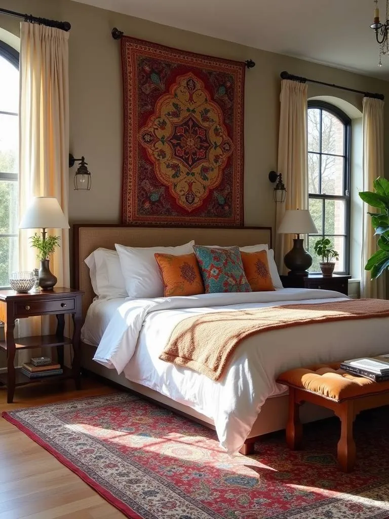 An eclectic bedroom that features global influences with a vibrant array of textiles, enhancing its unique aesthetic and style.