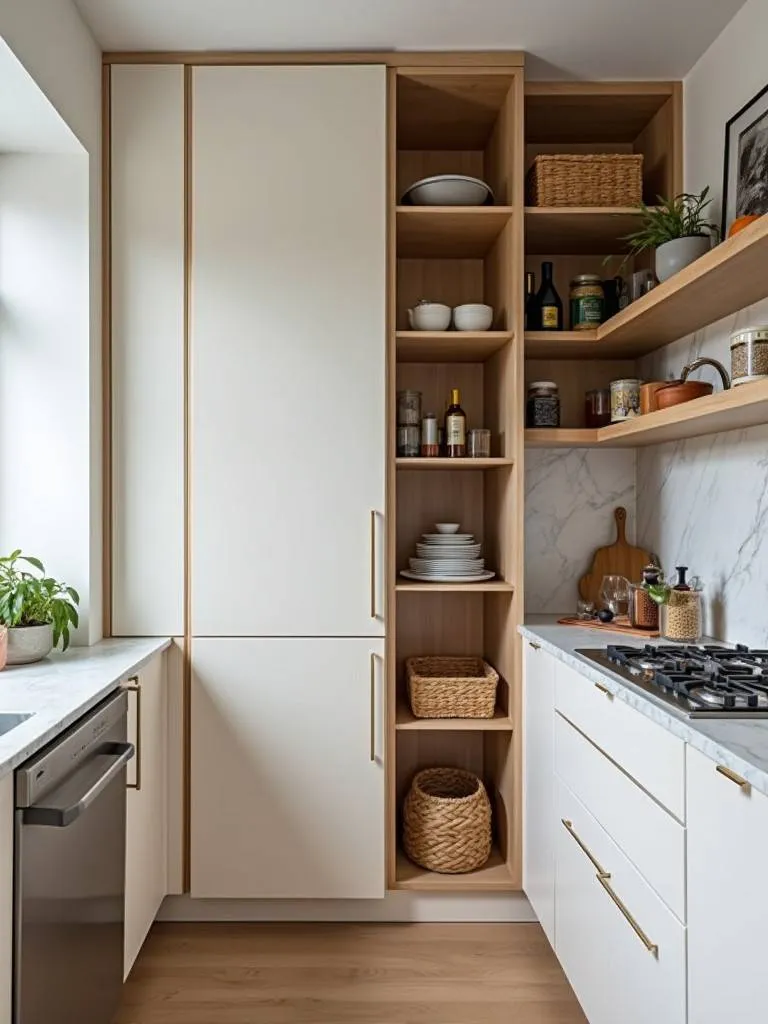 small kitchen with tall, narrow pantry cabinets and wall-mounted shelves, showcasing efficient vertical storage