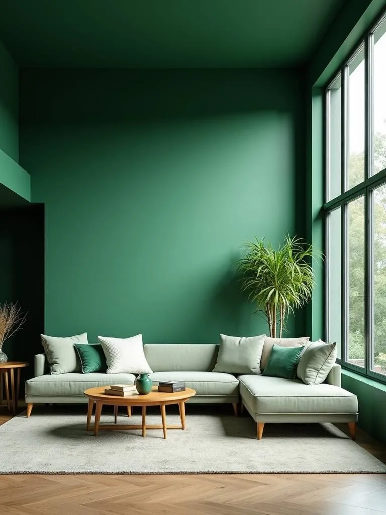 A spacious living room painted a rich emerald green, showing large windows and lots of natural light.