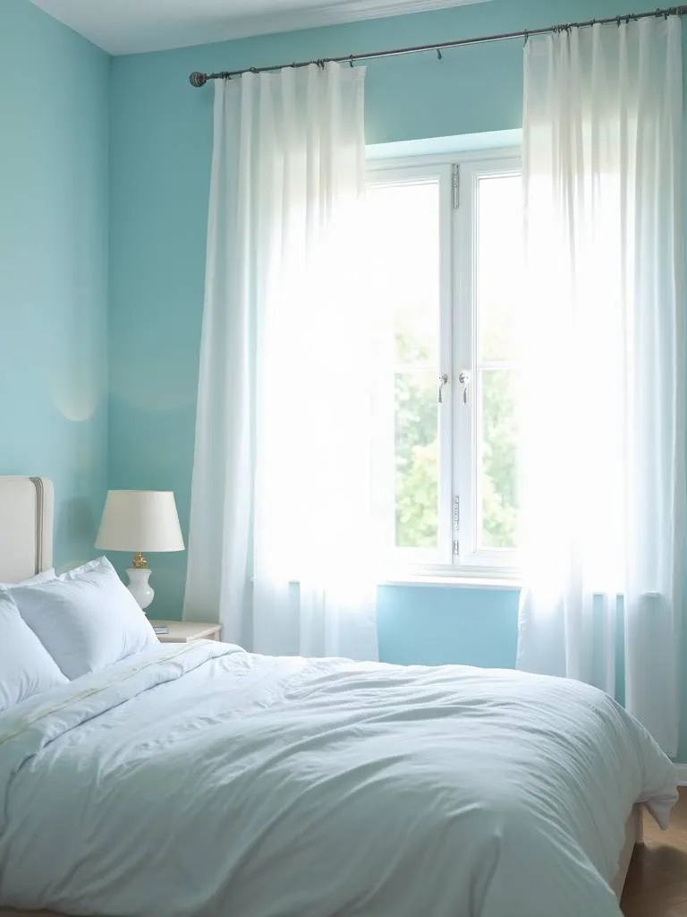 A calming bedroom with light blue walls, white bedding and sheer curtains allowing soft natural light to illuminate the space.