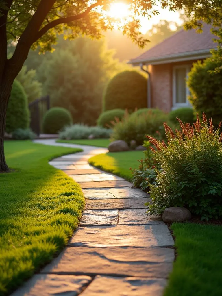 Curved stone pathway in a lush front yard