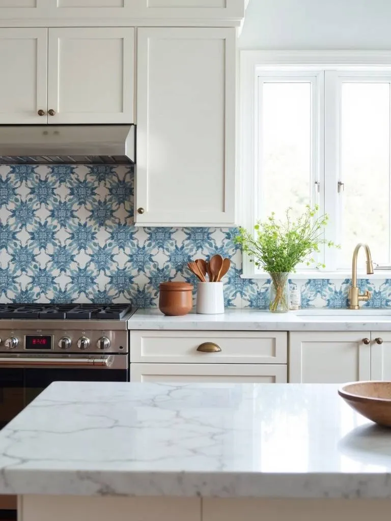 A kitchen with white cabinets and an encaustic cement tile backsplash