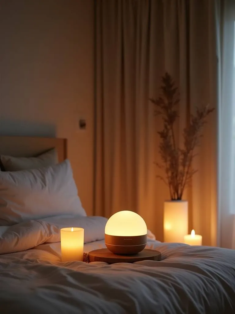 A soothing bedroom design with aromatherapy elements, such as an oil diffuser and candles that contribute to a relaxed and peaceful ambiance.