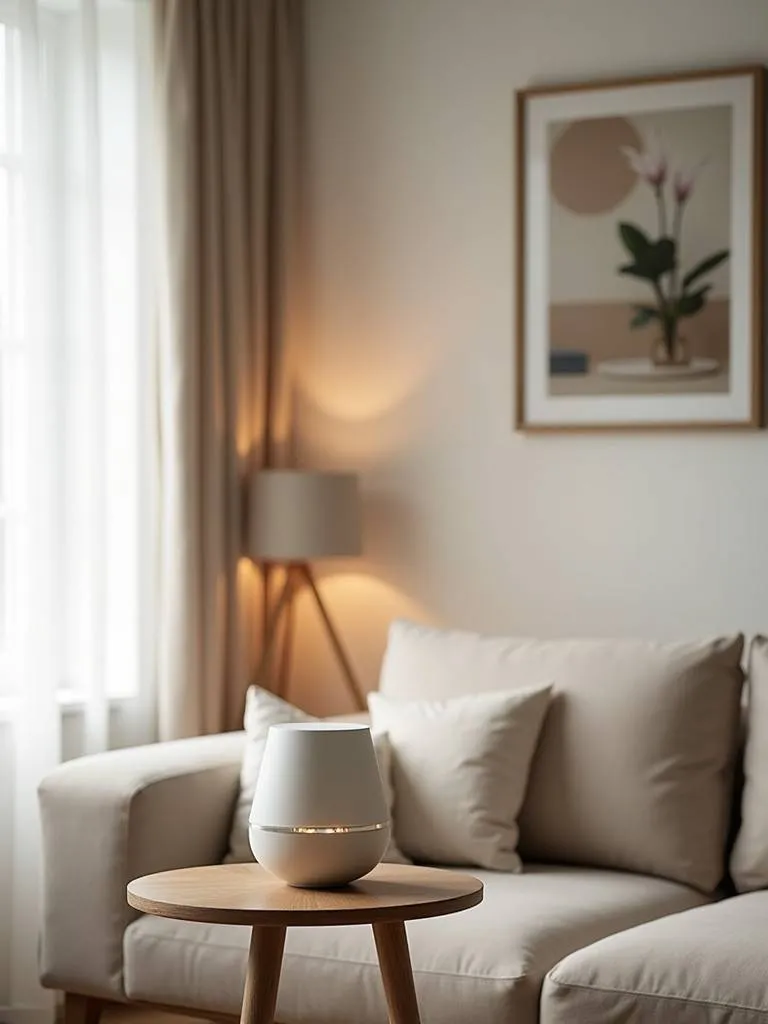 An essential oil diffuser enhances the ambiance of a minimalist living room.