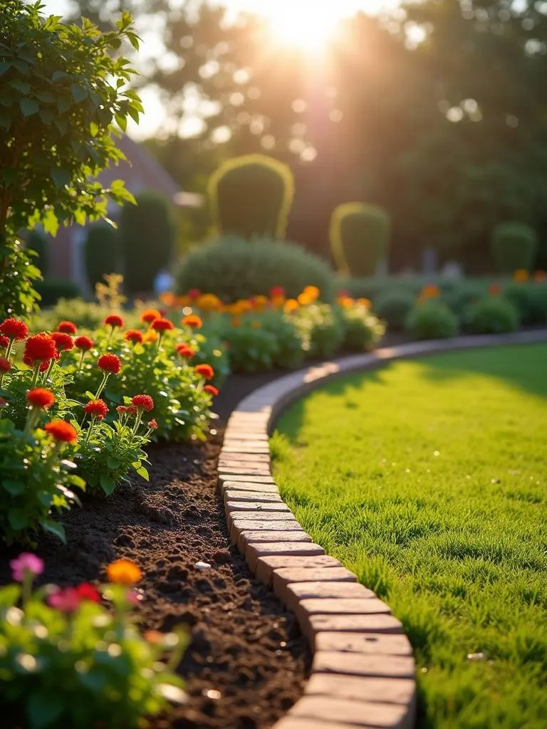 Garden bed with defined border using brick edging