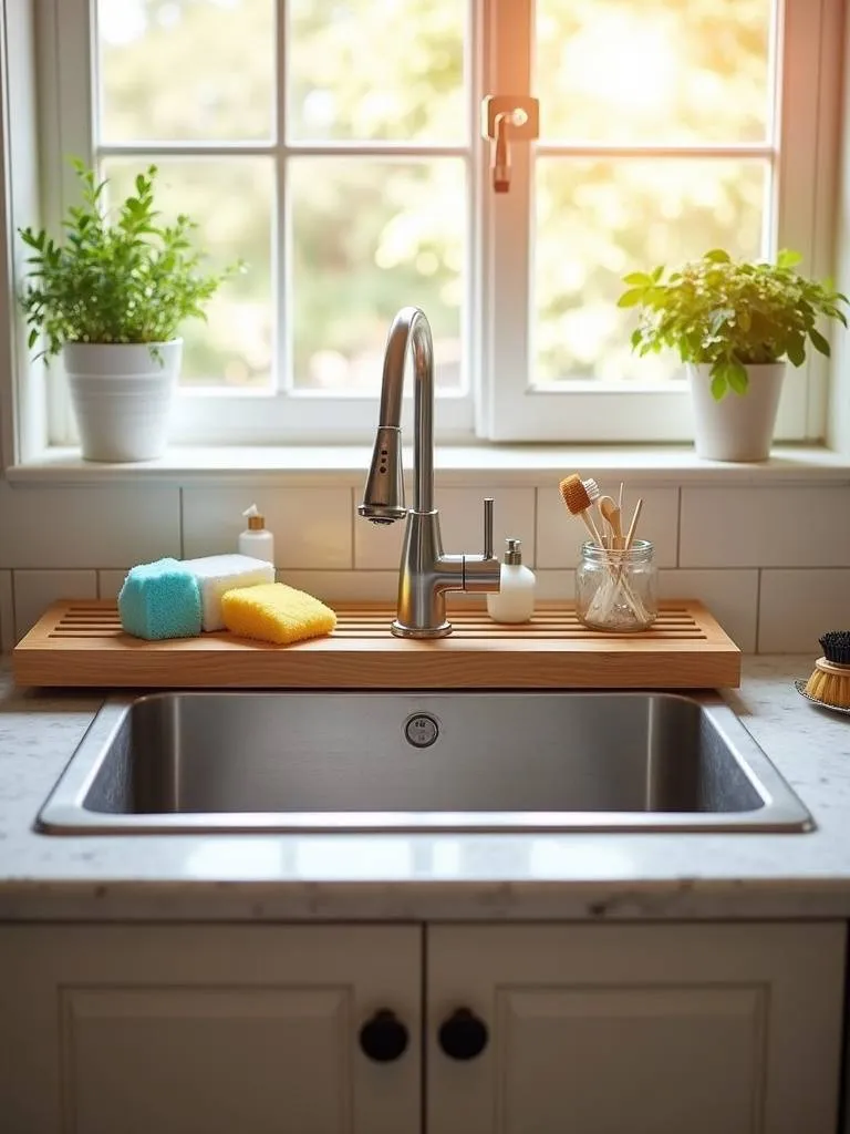 Image of an expandable sink shelf holding cleaning supplies mounted over a kitchen sink