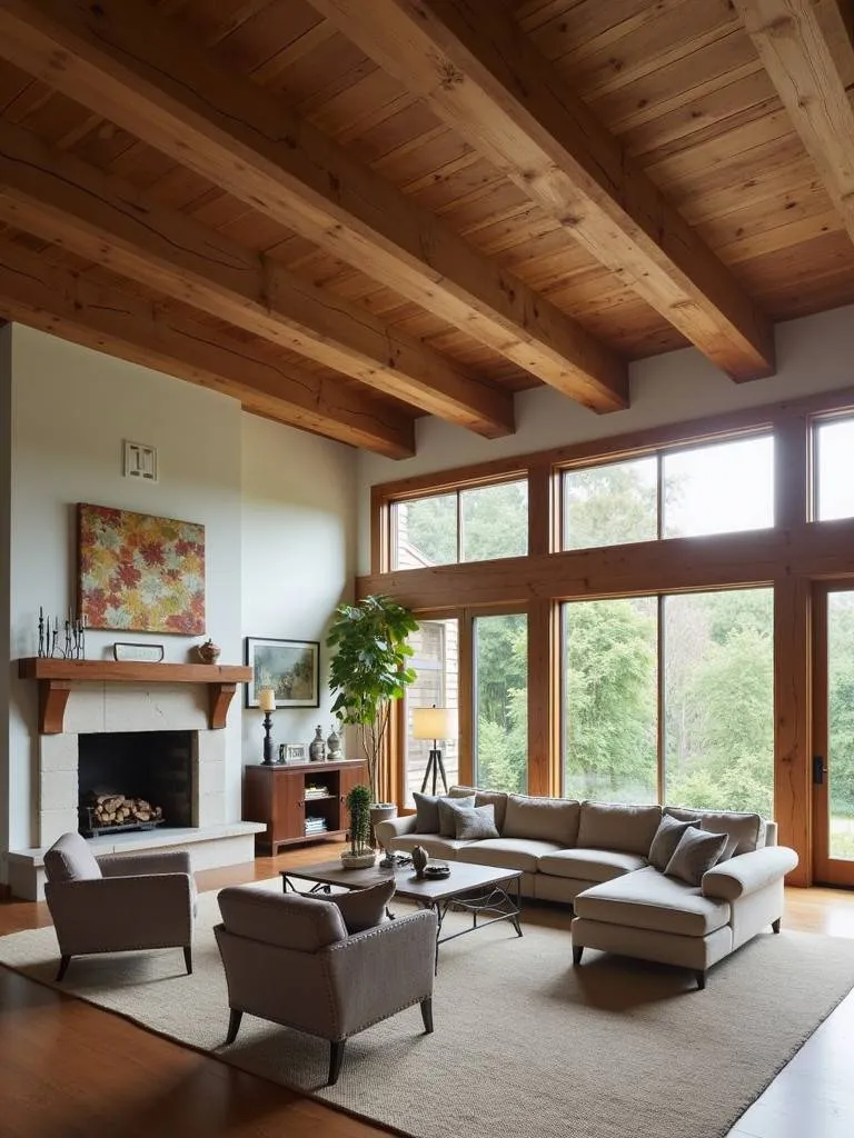 A professional wide-angle photograph of a living room with exposed ceiling beams. The room is bathed in natural daylight and features wood furniture, adding to the rustic aesthetic.