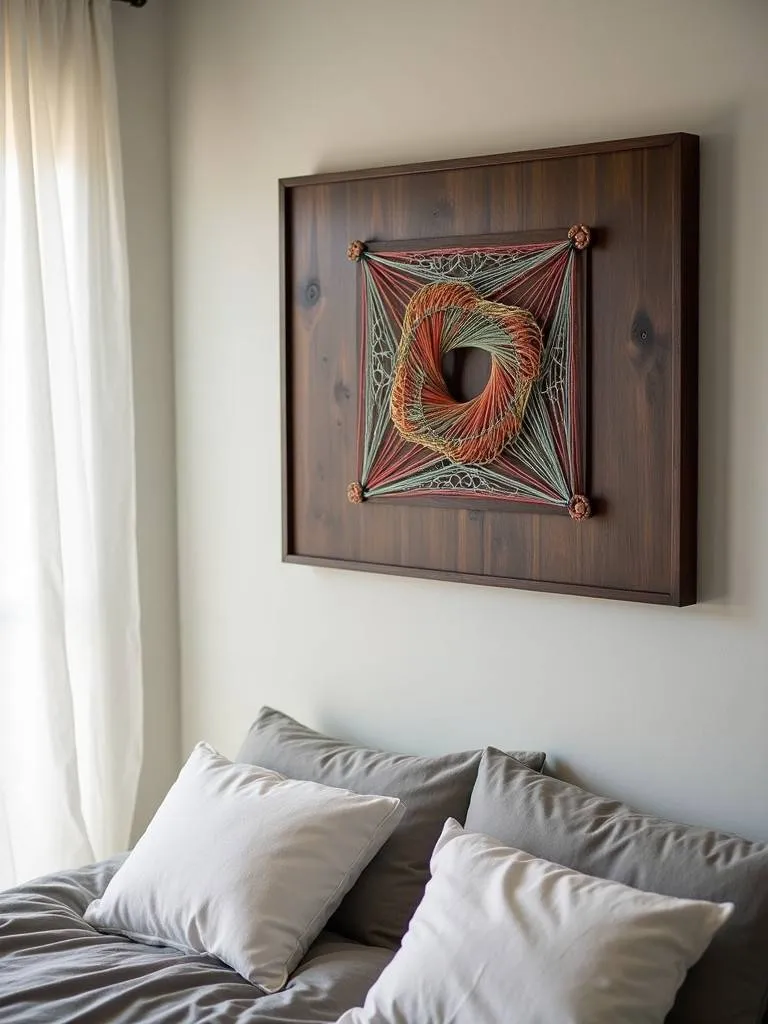 A framed string art piece on a neutral bedroom wall, featuring a geometric design in multicolored string