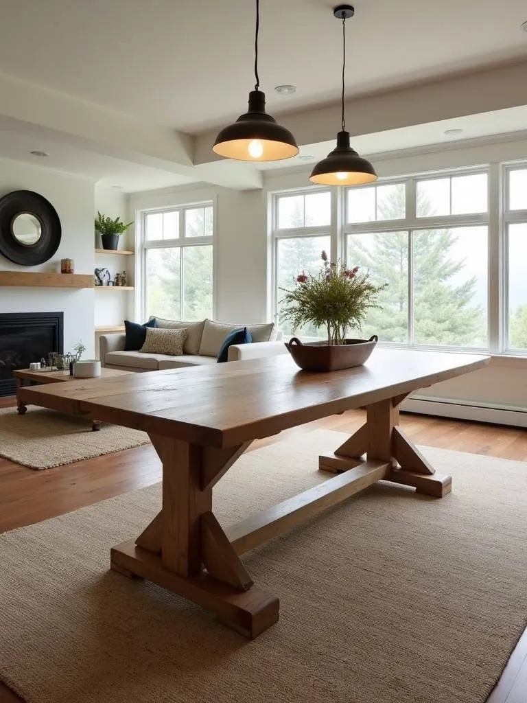 An extendable farmhouse dining table fully extended in an open concept dining space, ready for a large gathering