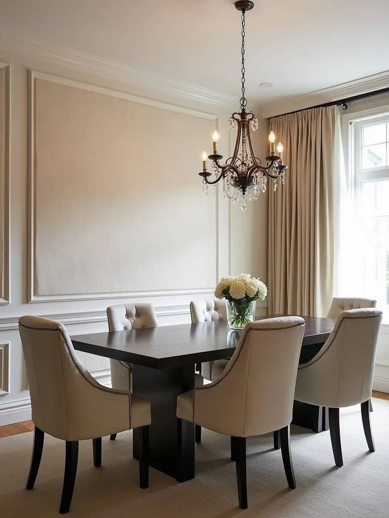 Formal dining room with a cream-colored fabric upholstered accent wall
