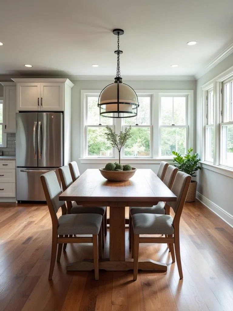 A full farmhouse dining set, with matching table and chairs placed in a bright, open concept kitchen and dining space