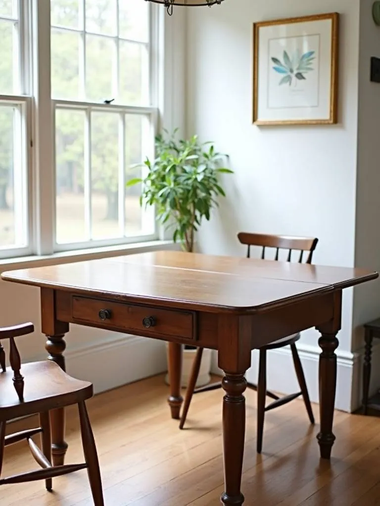 A farmhouse drop leaf dining table in its compact form in a bright, smaller sized dining space