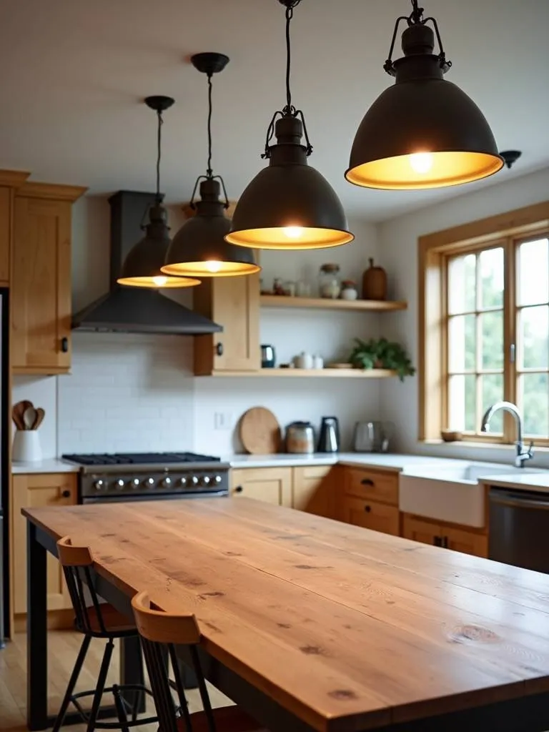 A farmhouse style kitchen with metal pendant lights above the table.