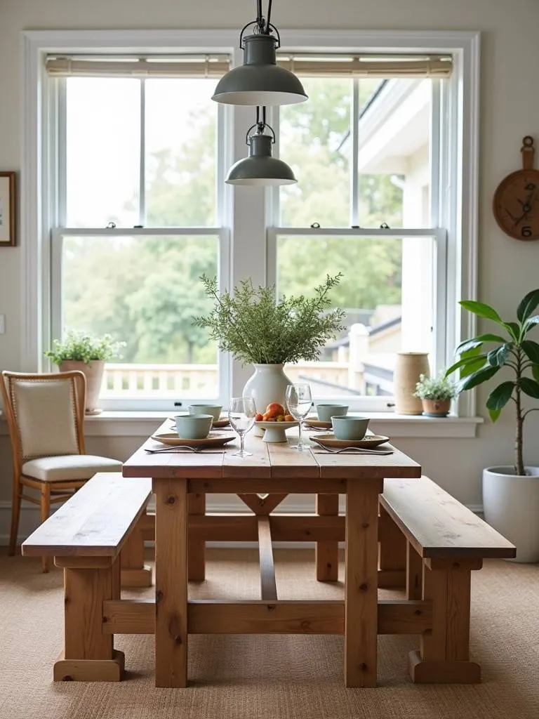 An indoor picnic style table designed for farmhouse dining set in a spacious kitchen