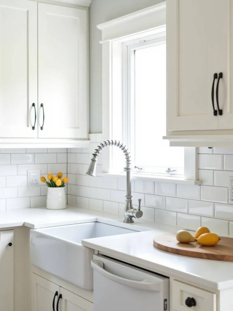 A farmhouse kitchen with white cabinets and a shiplap backsplash