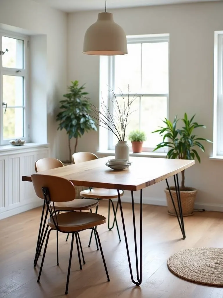 A modern farmhouse table with hairpin legs, styled in a bright modern design with neutral tones