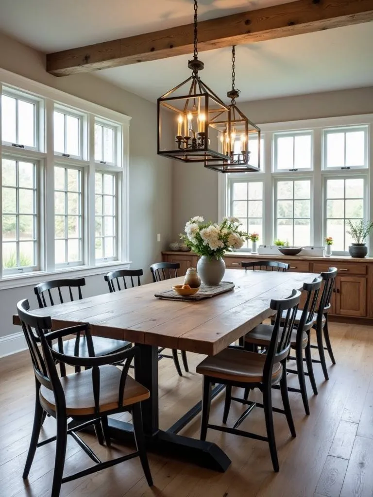 A farmhouse table that features steel accents in a dining room with plenty of natural lighting and a natural design style