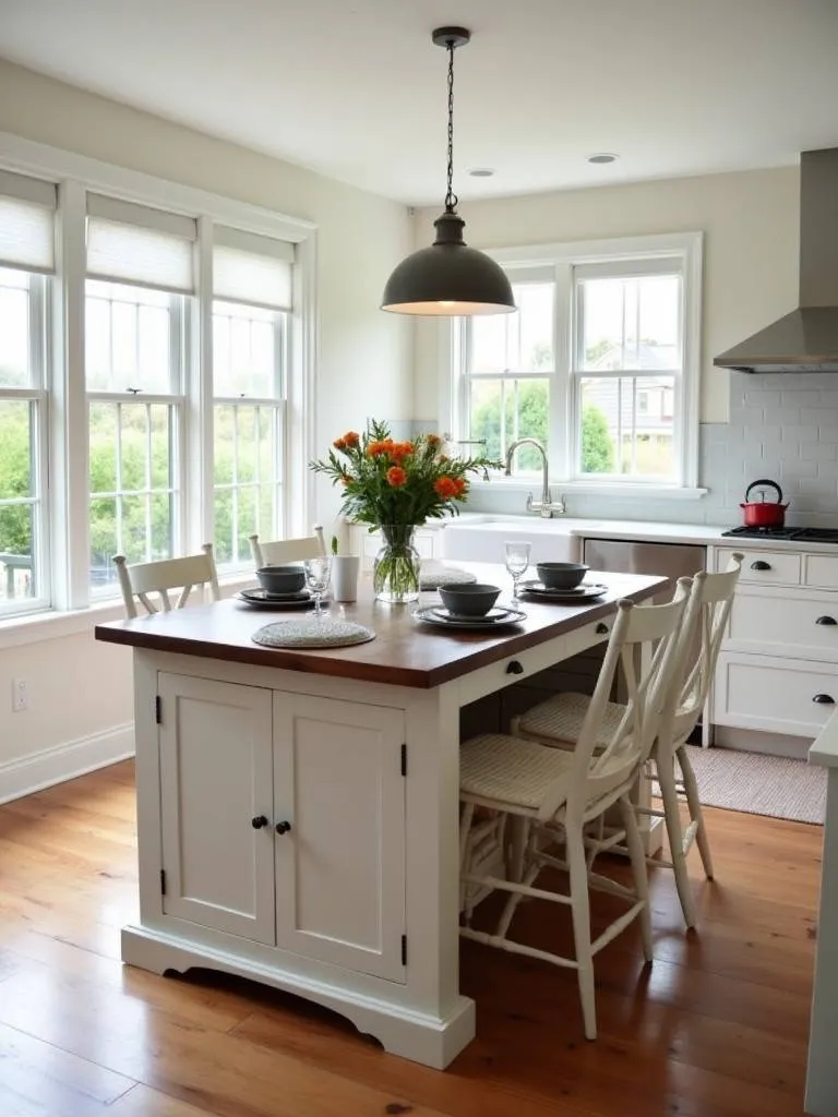 A farmhouse table with integrated storage drawers placed in a clean and open concept designed kitchen