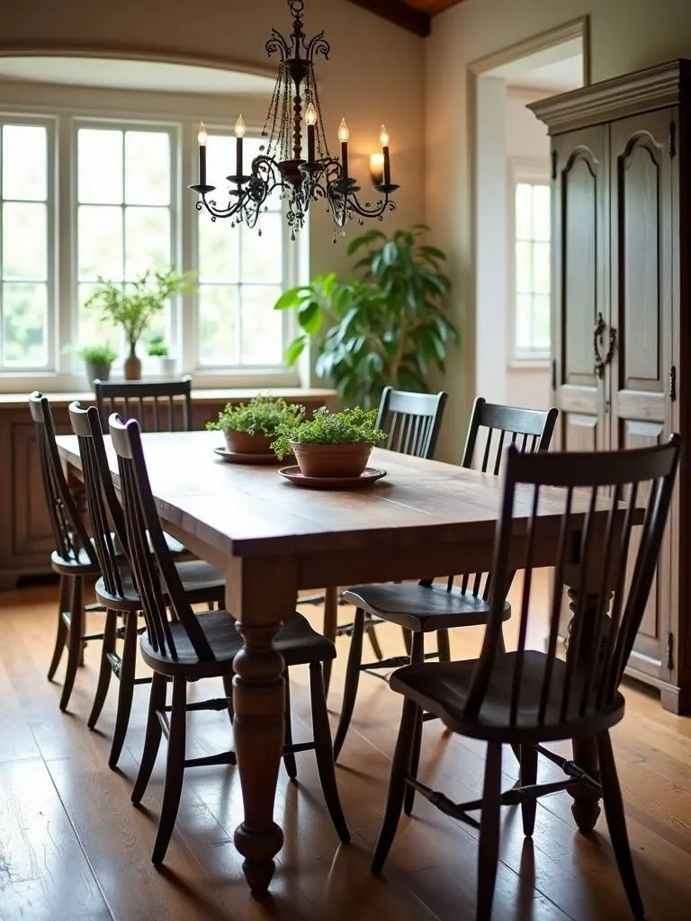 A farmhouse table with turned legs set in a classic, elegantly lit dining space