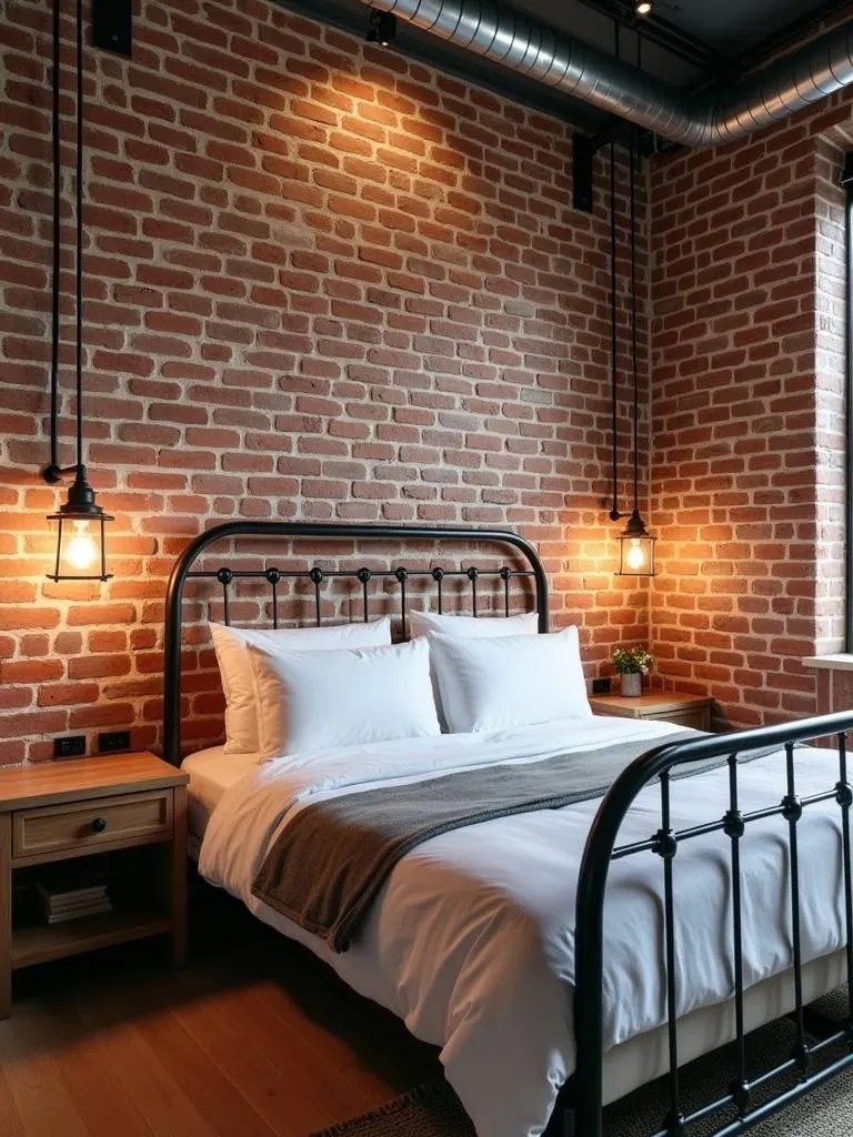 An industrial bedroom featuring a faux brick wallpaper accent wall, complemented by a metal bed frame and warm lighting.