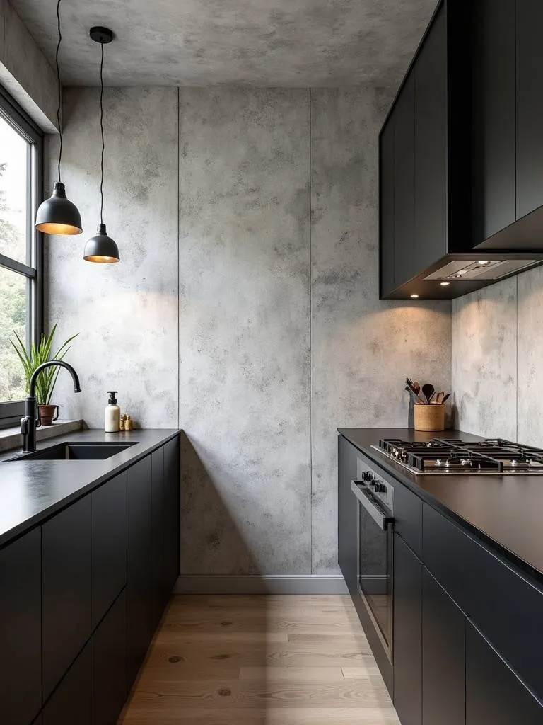 A modern, industrial kitchen featuring a faux concrete wallpaper wall