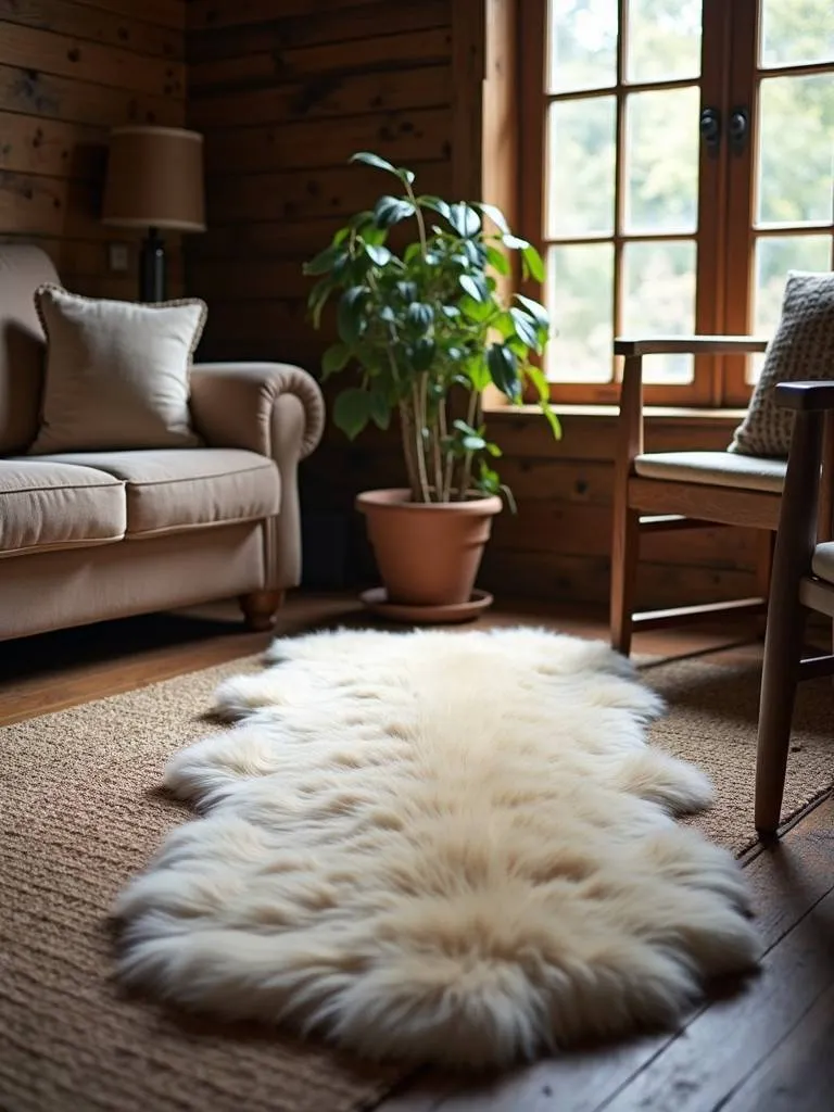 A faux fur rug in a rustic living room setting.