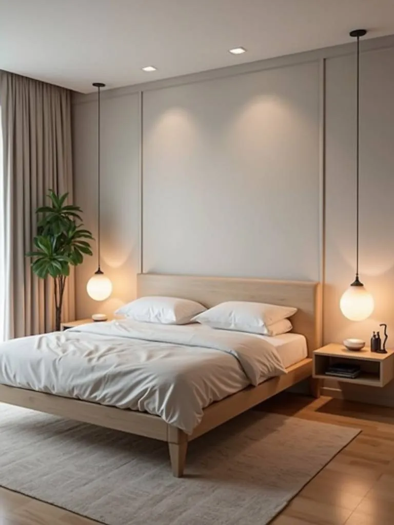 A modern bedroom featuring floating nightstands on both sides of the bed, adding to the room’s sleek and minimalist aesthetic