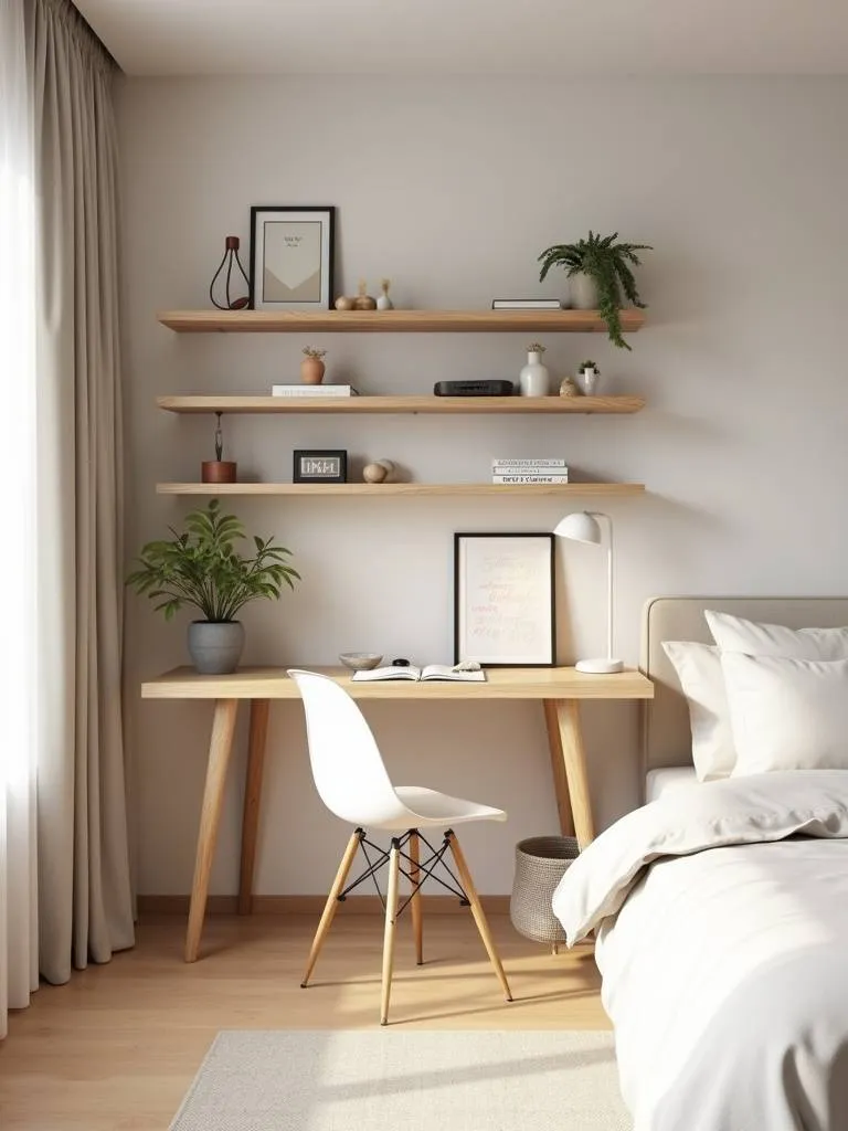 A modern bedroom utilizing floating shelves above a minimalist desk.