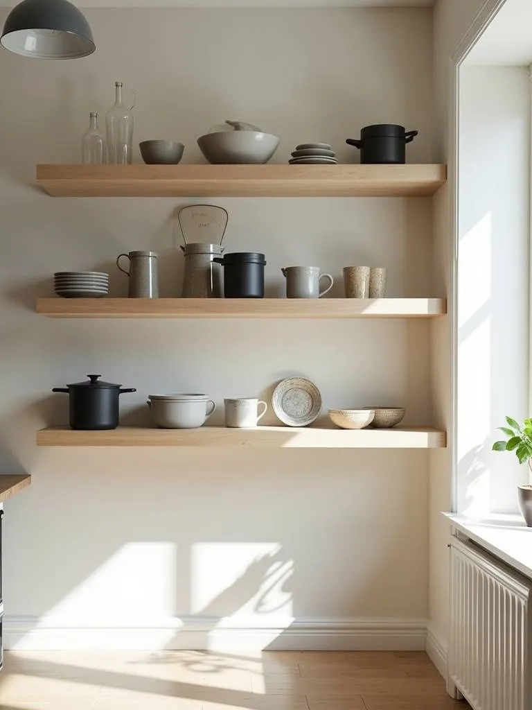 Modern kitchen with well arranged decorative objects on floating shelves.