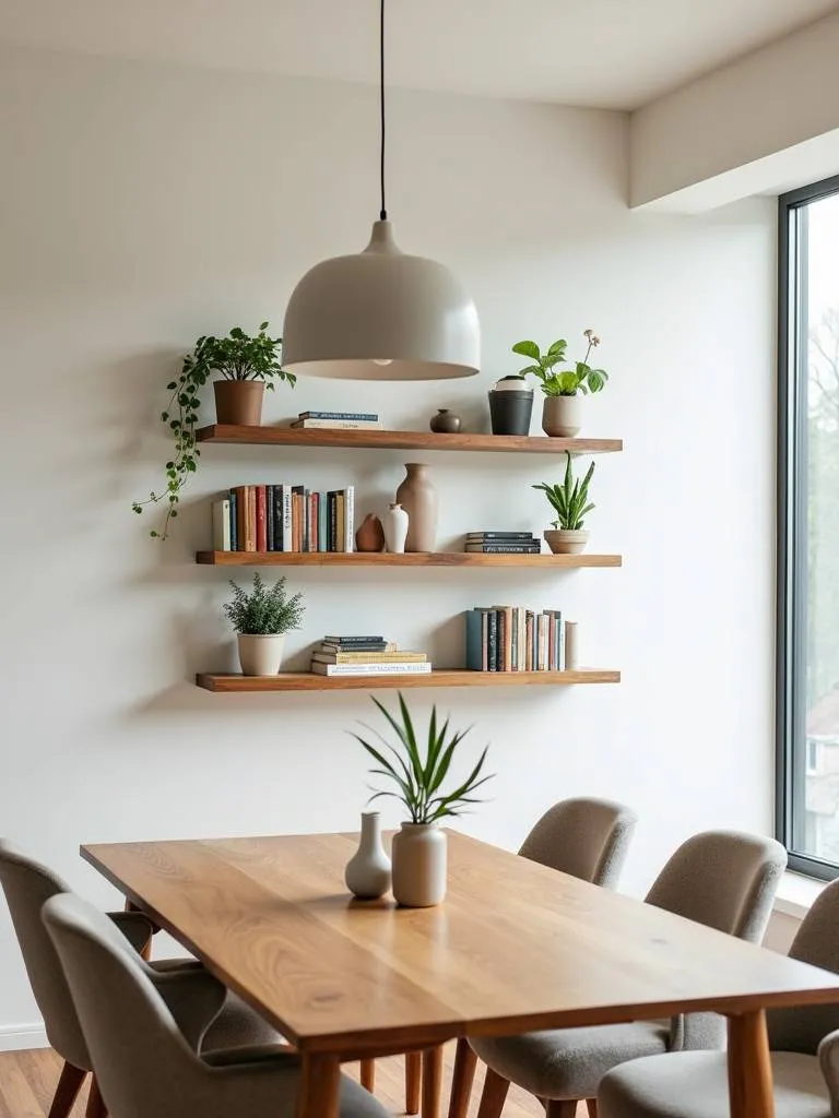 Dining room with floating shelves holding decorative items