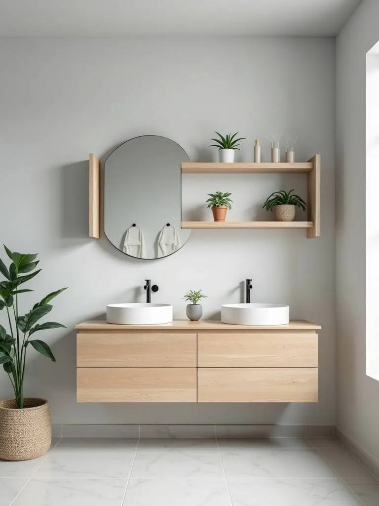 A contemporary bathroom with floating shelves and small potted plants above a wooden vanity.