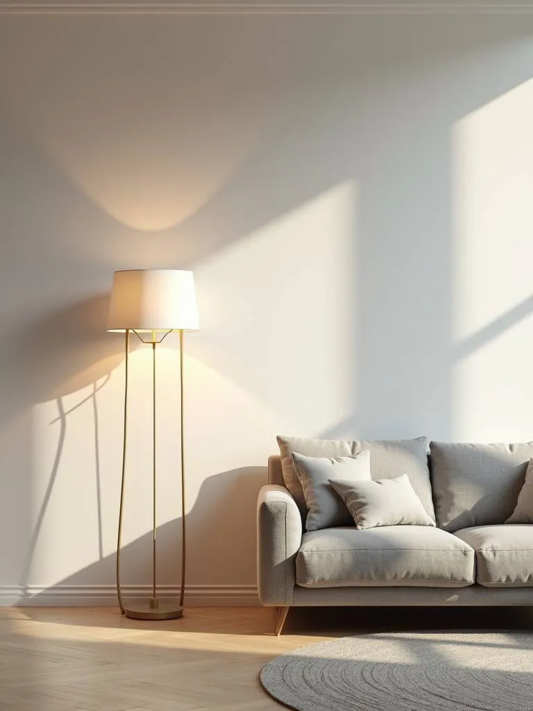 A minimalist living room with a floor lamp with clean lines next to the sofa.