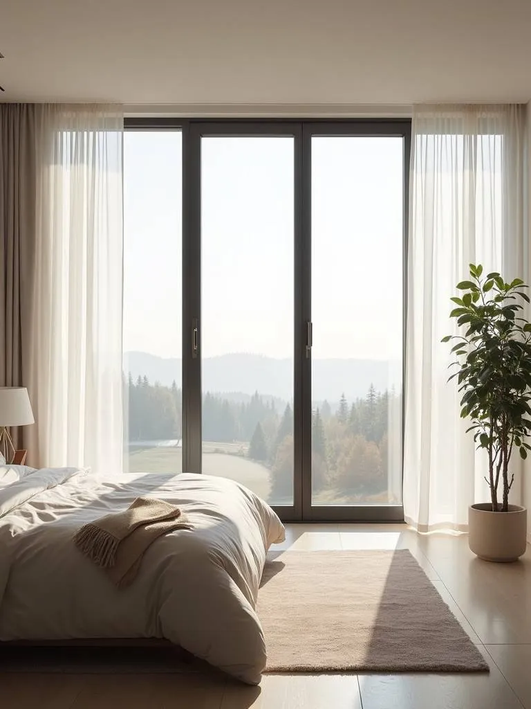 A modern bedroom with floor-to-ceiling windows allowing an abundance of natural light, enhancing the room’s openness and brightness