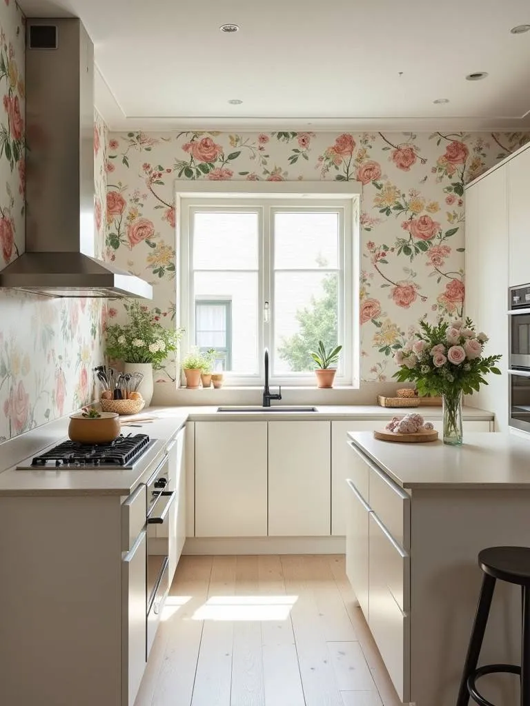 A kitchen with floral pattern wallpaper