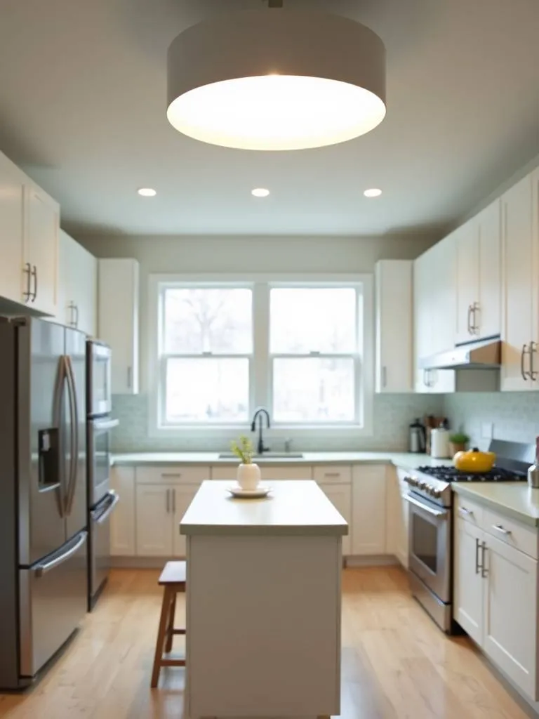 A well-lit kitchen with a low ceiling and a flush mount fixture above the table.