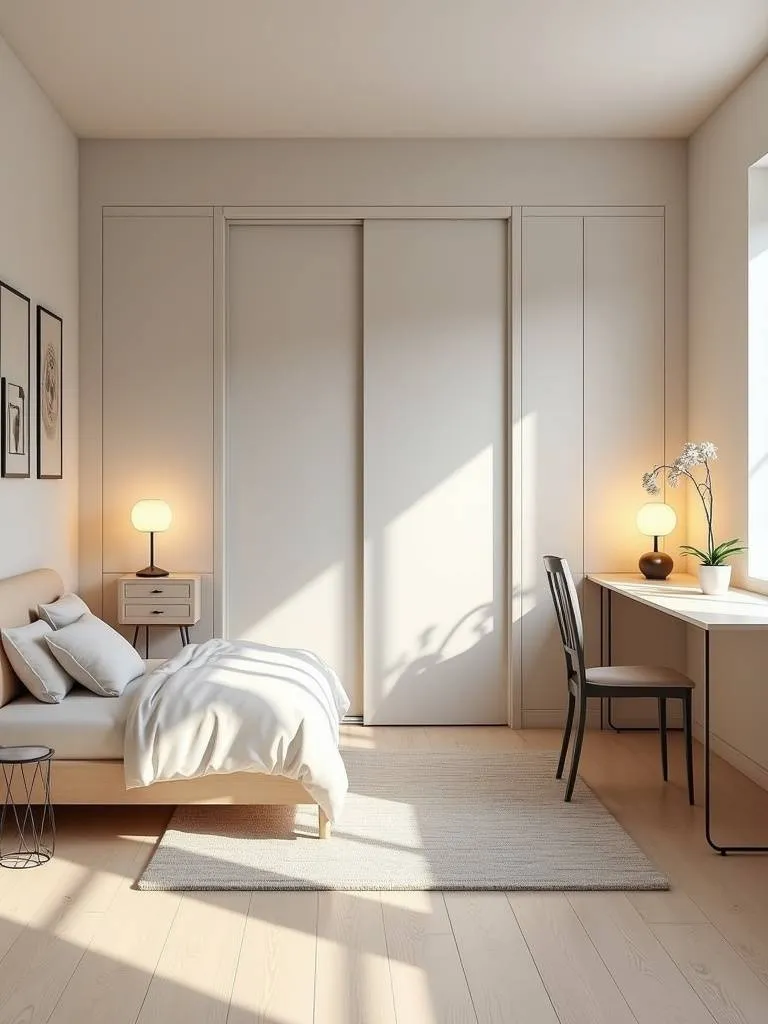Modern small minimalist bedroom with a light colored murphy bed folded into the wall.