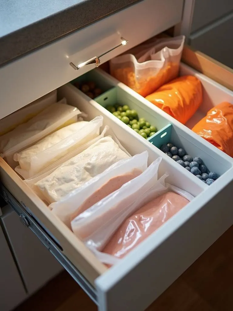 A food storage bag organizer in a kitchen drawer filled with storage bags